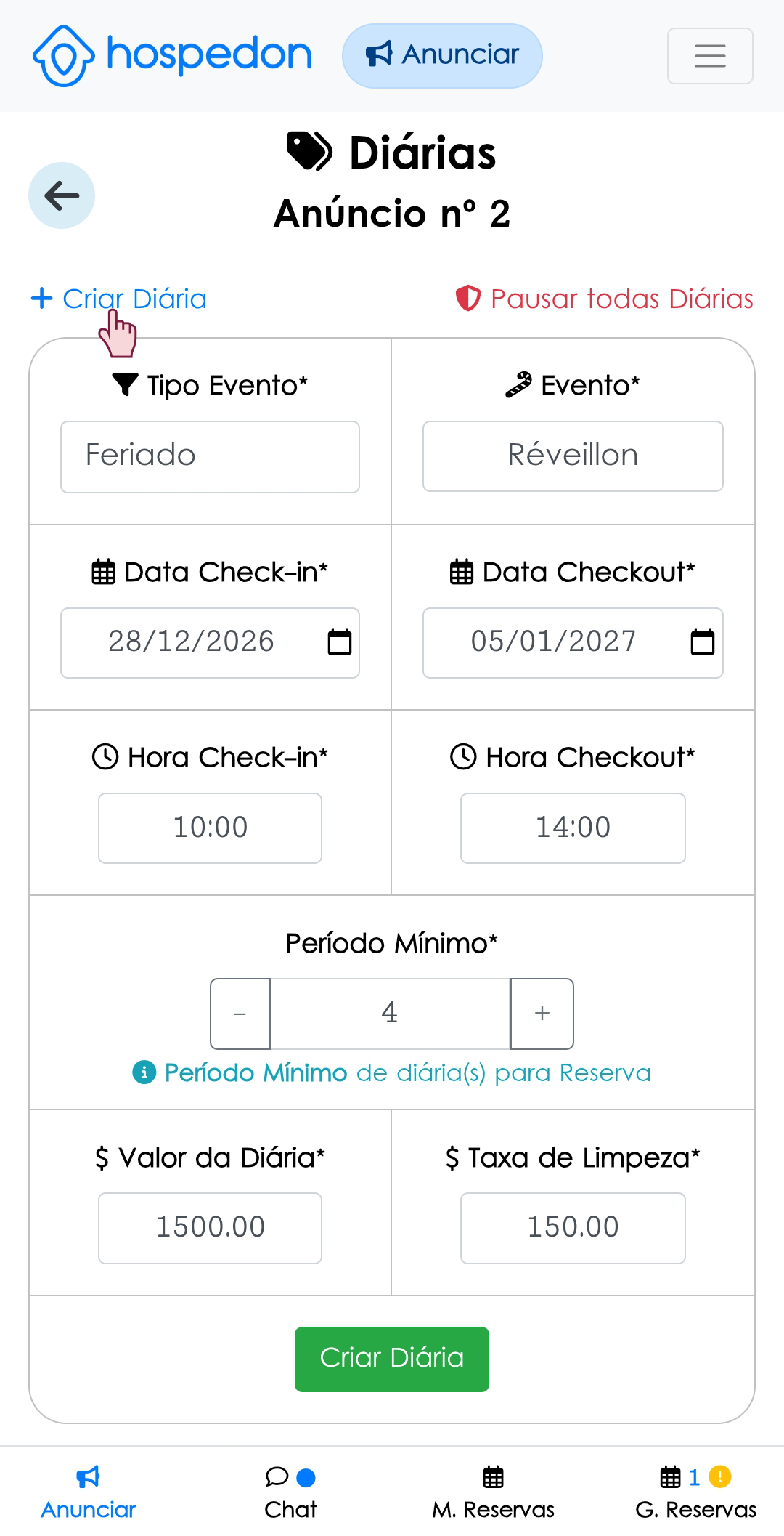 Tutorial Criar Diárias